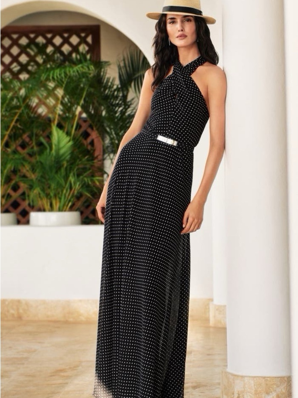 Lauren Ralph Lauren Polka Dot Belted Georgette Halter Gown 6 Black/Cream NWT